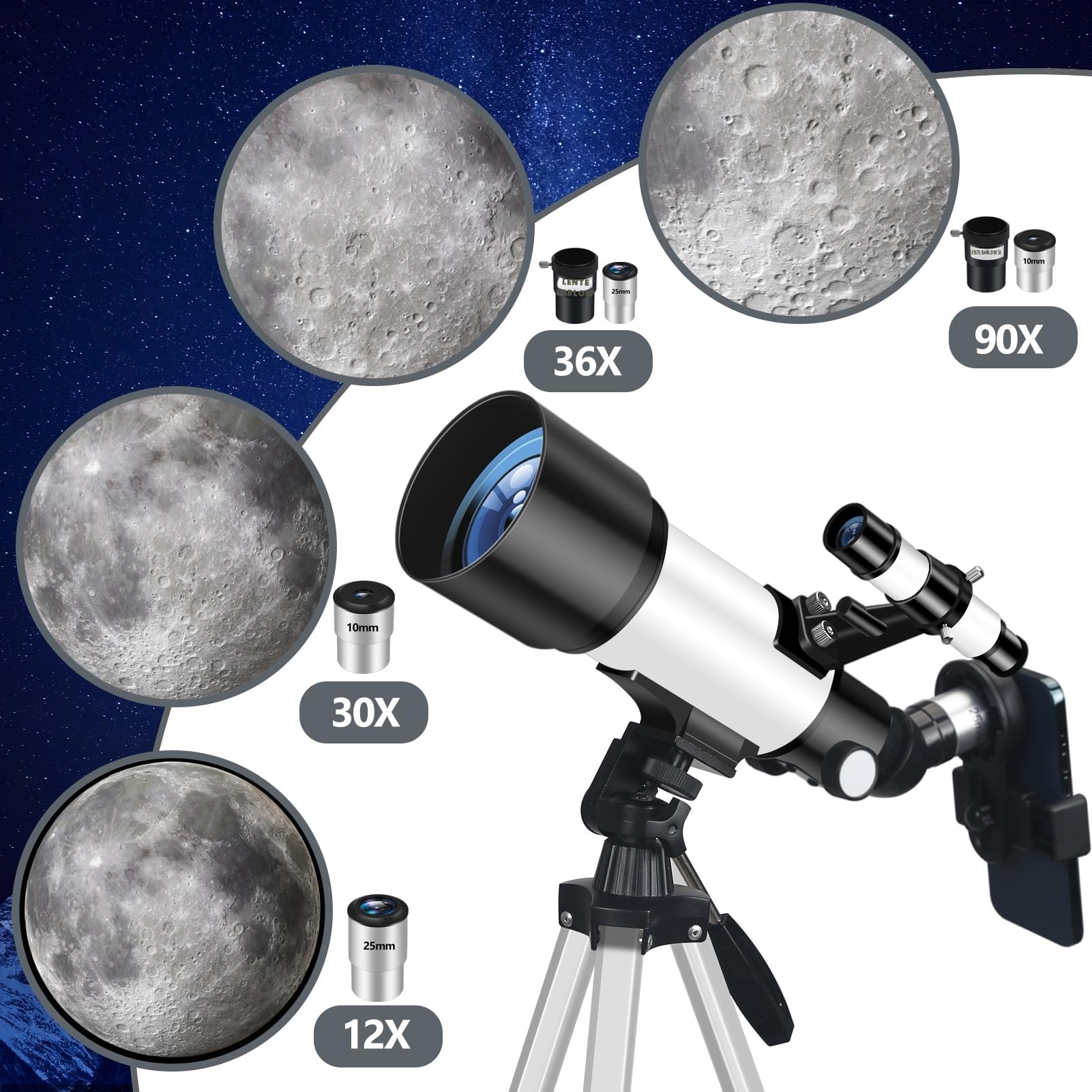 Telescopio 70mm Apertura 400mm Telescopios para Adultos Principiantes Astronomía con Lentes, Visor, Trípode, Bolso, Soporte Móvil, Portátil Refractor Telescopio para Niños & Adultos (Blanco)