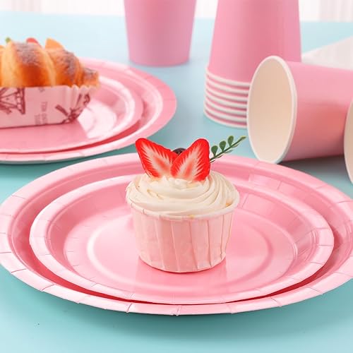 Miniatura 5 de Juego de 168 platos y servilletas de papel rosa claro, juego de platos desechables rosa con utensilios para 24 invitados para baby shower,