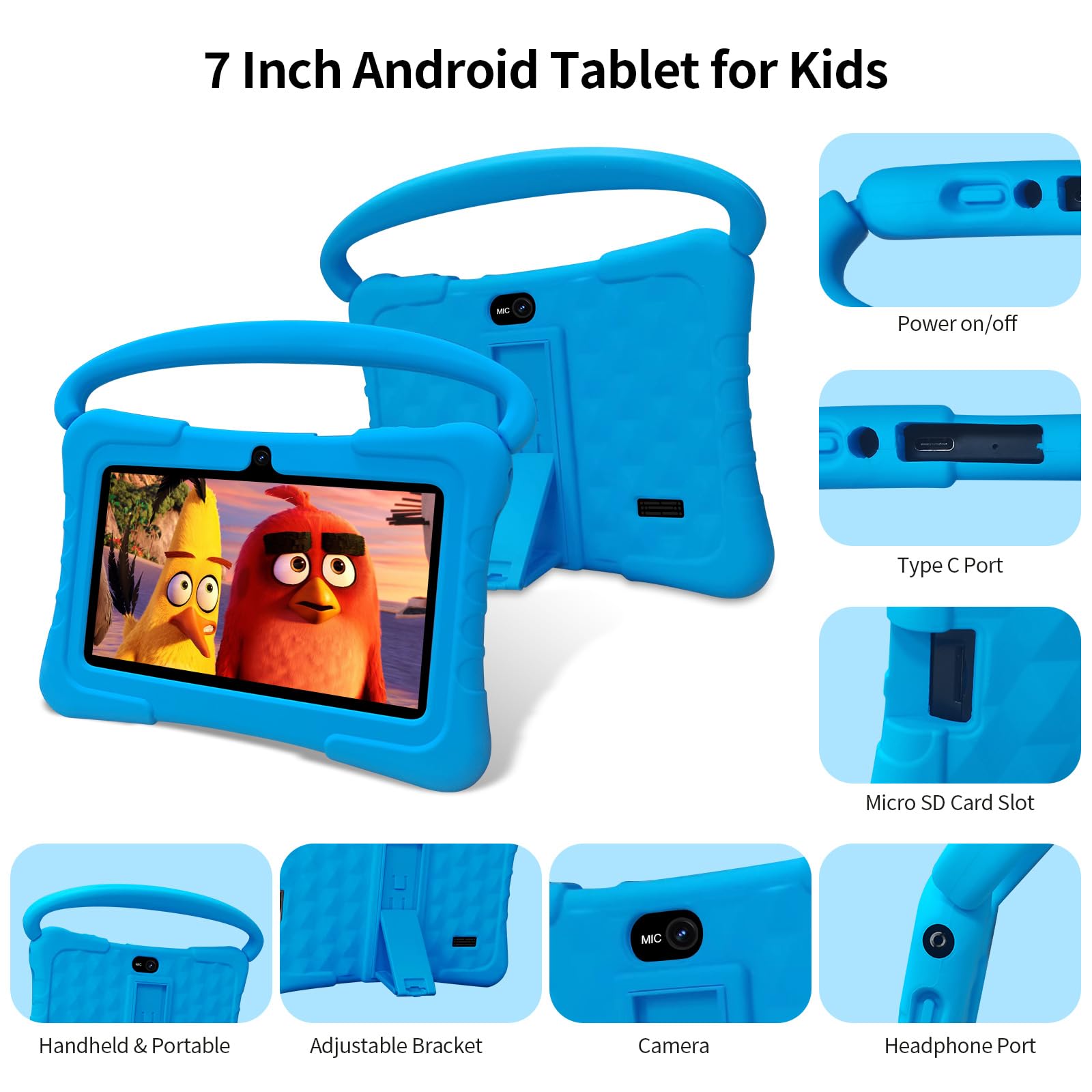 Tablet per bambini da 7 pollici, 32 GB, Android 13 con WiFi, doppia fotocamera, istruzione, giochi, software per bambini preinstallato, tablet PC con filtri per età, controllo genitori (blu)