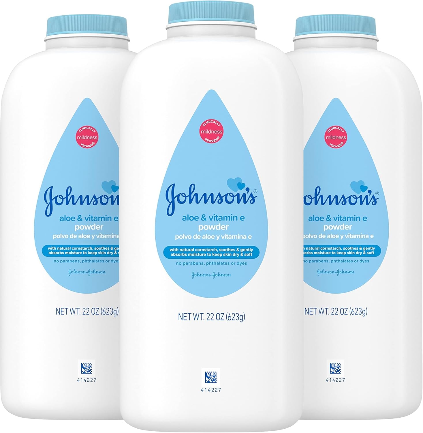 Johnson's Baby Powder with Naturally Derived Cornstarch, Aloe & Vitamin E., Hypoallergenic, No Added Parabens & Dyes for Gentle Baby Skin Care, 22 oz, Baby Essentials, 3 Pack