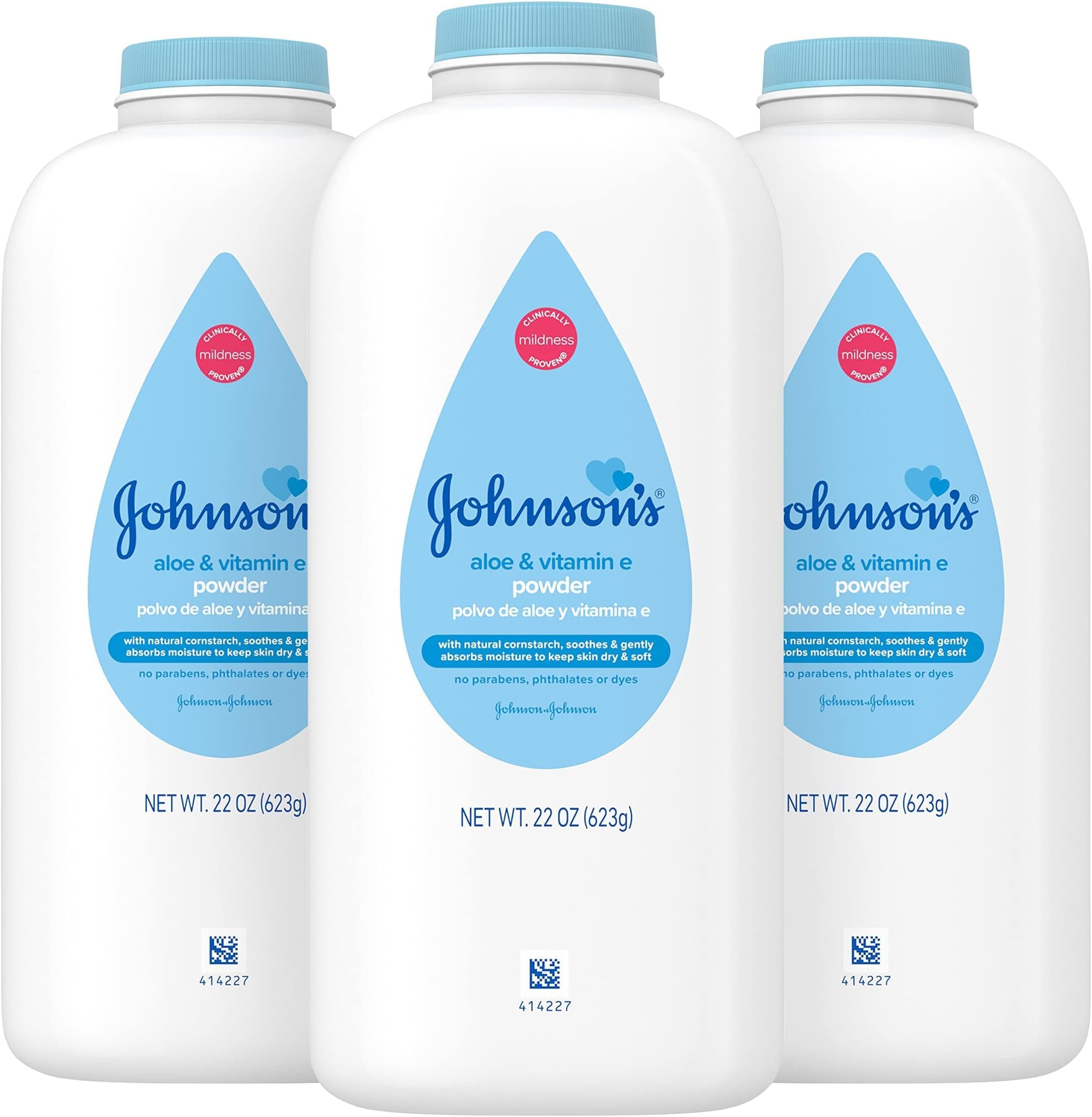 - Johnson's Baby Powder with Naturally Derived Cornstarch, Aloe & Vitamin E., Hypoallergenic, No Added Parabens & Dyes for Gentle Baby Skin Care, 22 oz, Baby Essentials, 3 Pack