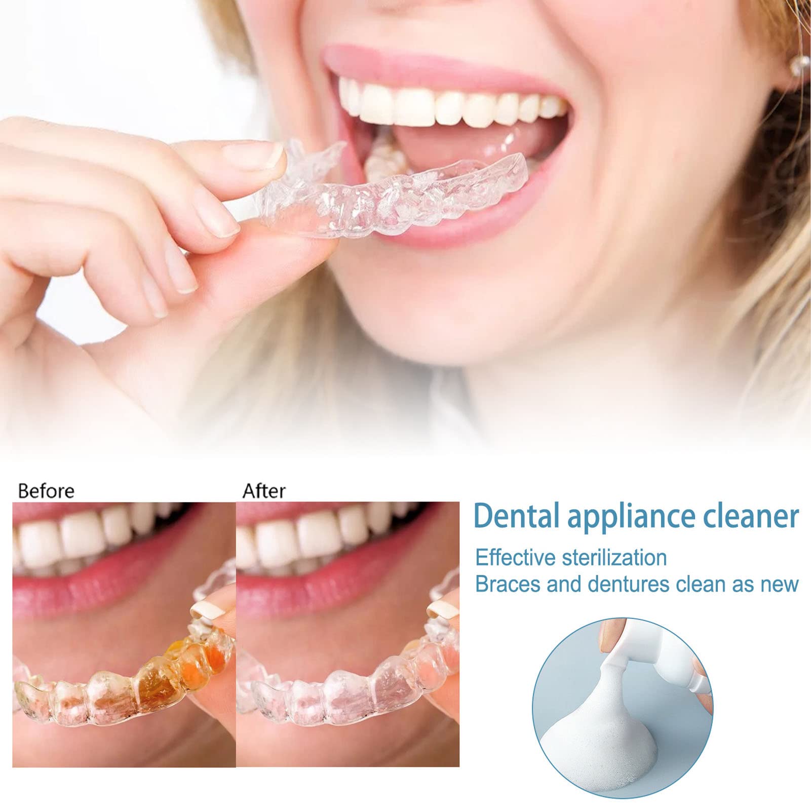 2 Uds 60ml Limpiador De Aparatos Dentales Limpiador De Retenedor De Fragancia Duradera Eliminación De Olores De Espuma Suero De Eliminación De Manchas De Dientes Falsos Para Alineadores Tirantes De Re