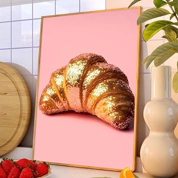Funky Kitchen Wall Art Croissant Painting Aesthetic Foods Theme Poster French Food Pictures Pink Aesthetic Wall Art Cute Kitchen Painting Foodie Picture Trendy Girly Poster Dining Room 16x24inch Unframed
