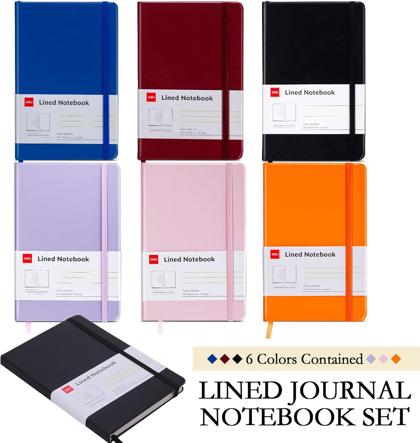 deli 6 Pack Multicolor Lined Journal Notebook for Work, Moleskine Notebooks, A5 (5.5"x8.3"), 160 Pages Hardcover Journaling Notebooks, Multicolor College Ruled Notebooks for Notes-taking/Work/Travel