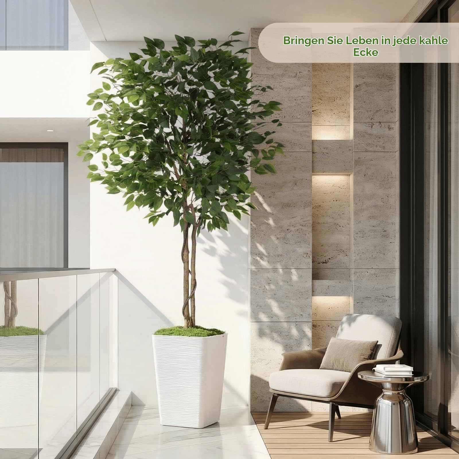 Clevich 180cm Ficus Kunstpflanze Wie Echt,Künstliche Ficus, Weißen Topf,Gebogenem Baumstamm+Üppig Grünen Blättern,Pflegeleichte Zimmerpflanze,Plüschmoos,Künstliche Pflanzen,Einzugsgeschenk,2PCS Moduls