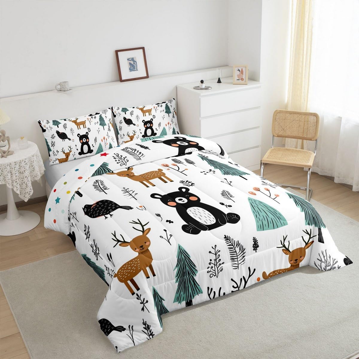Erosebridal Kids Cartoon Animal Queen Comforter Set,Forest Animals Bedding Sets for Girls Boys,Cute Bear Deer Print Quilt Bed Set,Farmhouse Woodland Bedroom Decor,2 Pillowcases Breathable