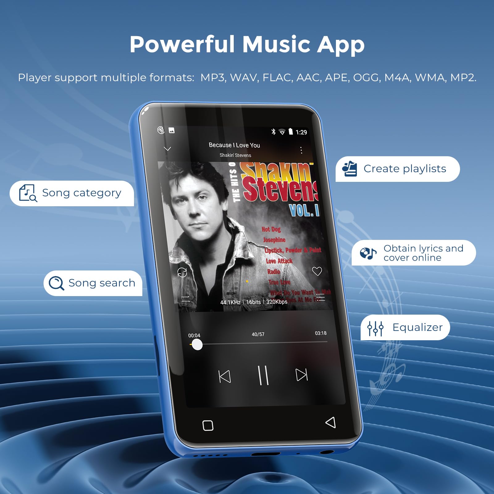 Innioasis 80 GB Reproductor MP3 con Bluetooth y WiFi, Reproductor de música Mp3 y Mp4 ave Spotify, Kids, Tidal, Deezer, Reproductor de vídeo con pantalla táctil de 4 pulgadas, 1080 P(blanco y azul)
