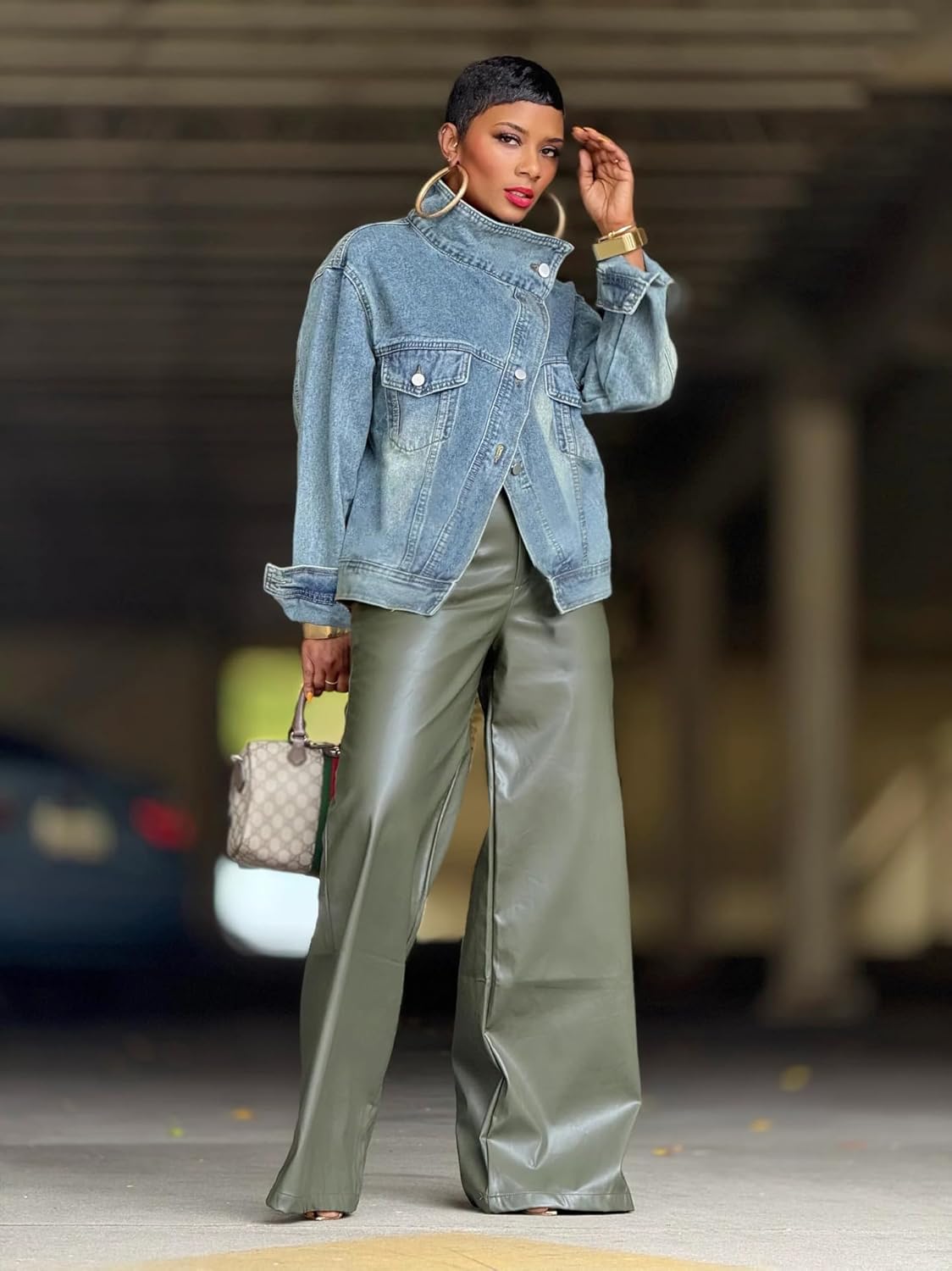 Oversized Denim Jacket Women Casual Long Sleeve Button Down Stand Collar Asymmetric Jean Jacket Streerwear