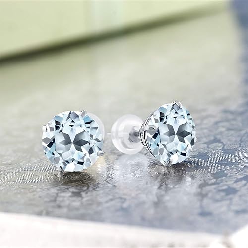 Miniatura 2 de Gem Stone King Solid 14K White Gold 8MM Round Gemstone Birthstone Stud Earrings Gold Earrings with Comfort Back For Women