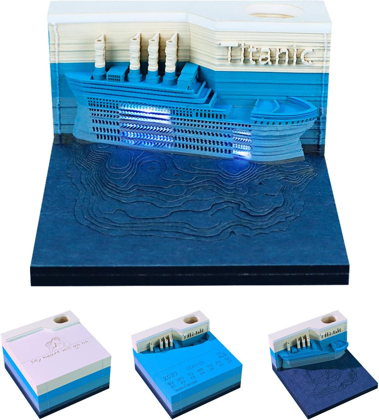 3D Art Calendar Memo Pad 2027,3D Titanic Weekly Calendar Notepad With Light&Pen Holder, 3D Memo Pad Desk Calendar DIY Decoration Gift