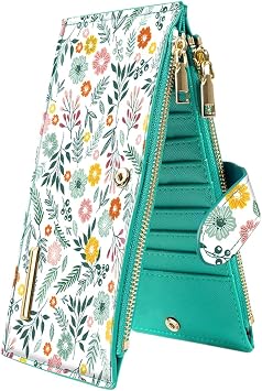 Coco Rossi Green Daisy Womens Wallet RFID Blocking Leather Bifold Purse | Multi Card Organizer, Zipper Pocket, Large Size Credit Card Holder, Long Purse Gifts for Girl Mom