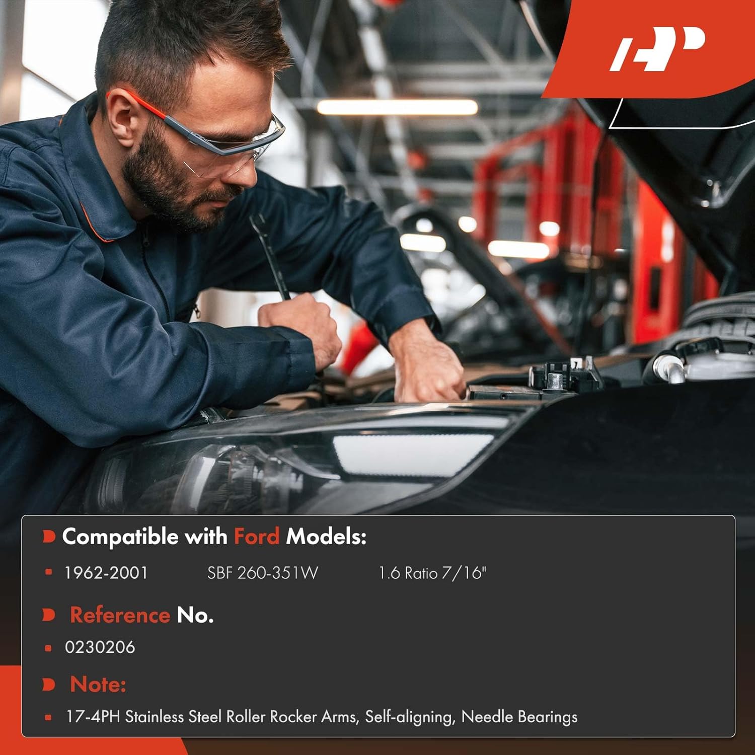 A-Premium 16Pcs Stainless Steel Engine Roller Rocker Arms with Needle Bearings, Self-aligning Compatible with Ford SBF 260-351W 1962-2001, 1.6 Ratio, 7/16" Studs