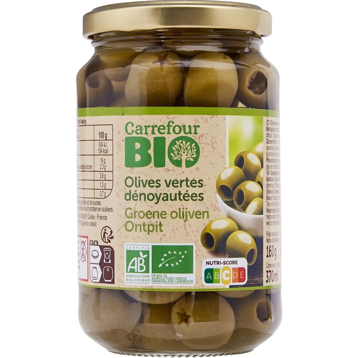 CARREFOUR BIO - Olives Vertes Dénoyautées Bio - Cultivées en Grèce - le bocal de 160g net égoutté - 335g - Le Lot De 4
