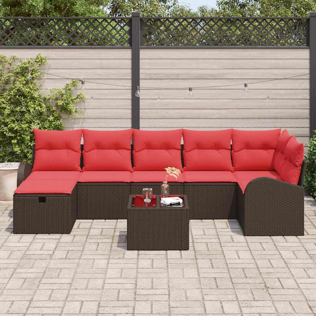 Sofa z poduszkami, 8 szt., kolor brązowy i czerwony, polirattan, sofa ogrodowa, sofa ogrodowa, odporna na warunki atmosferyczne
