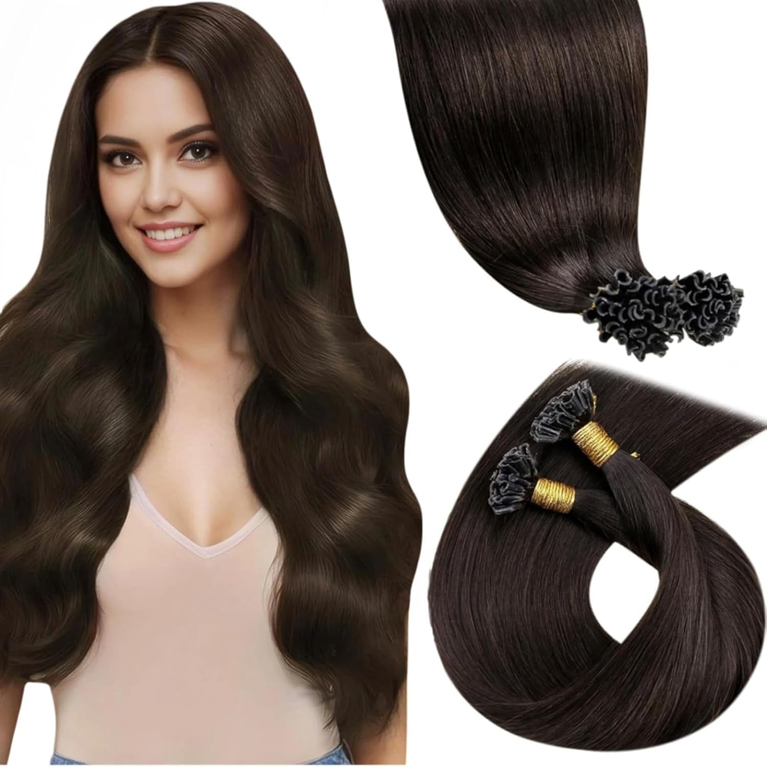 Totale 130g Extension Capelli Veri Cheratina con Extension Tessitura Capelli Veri PU OVO Weft Castano Scuro 60cm