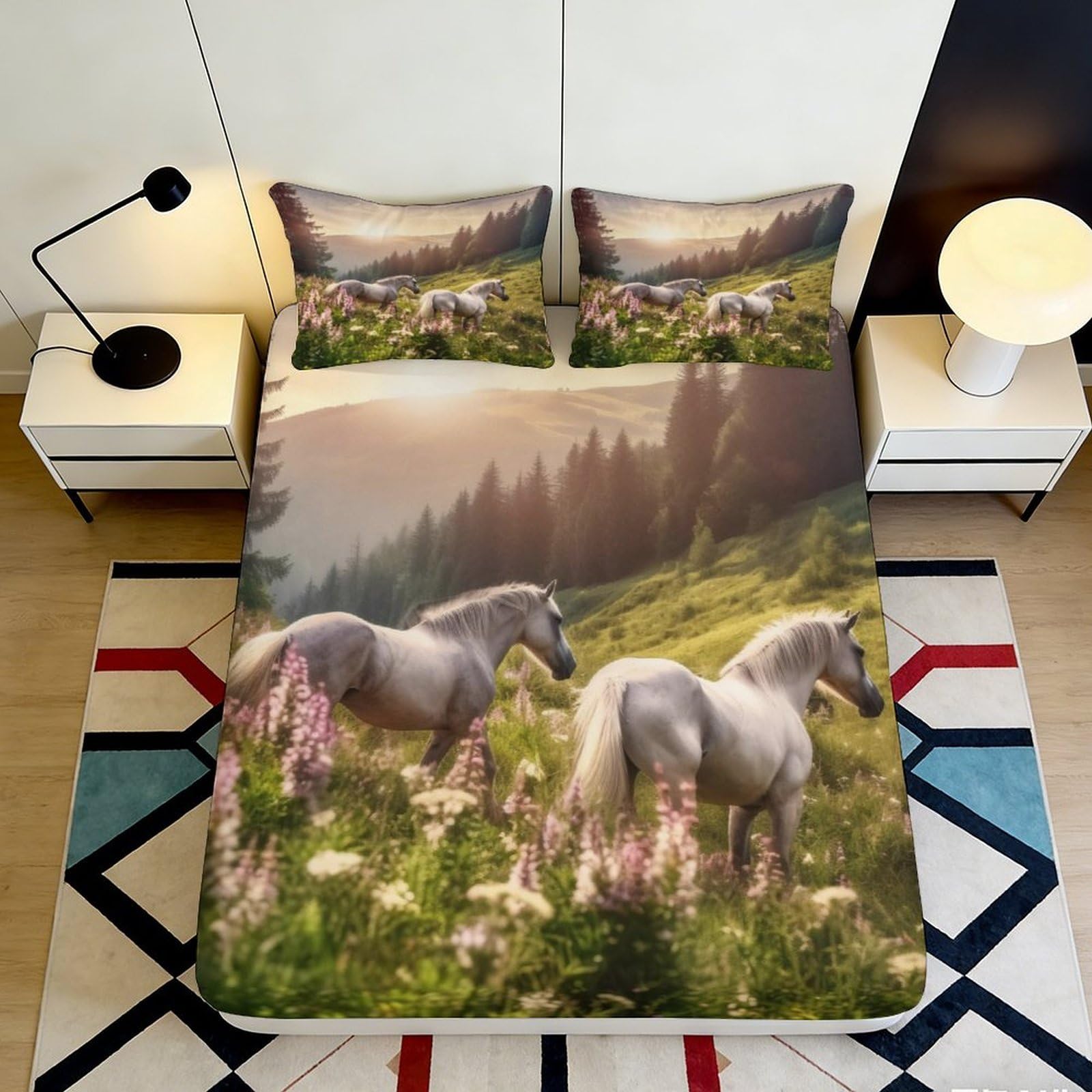 3D Printed White Horse Meadow Fitted Sheet Microfiber Soft Breathable Forest Sunrise Bed Cover for Bedroom Decor 90x200x25cm