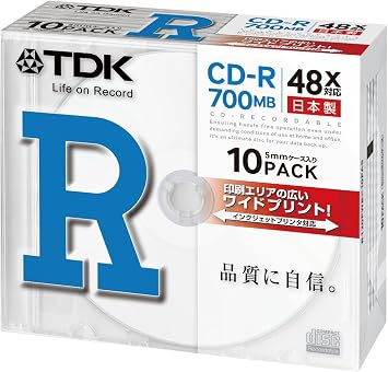 TDK CD-R 700MB 48X White Wide Printerable, 10 Pieces, 0.2 inch 5 mm Case Included, CD-R80PWDX10B Parallel Import