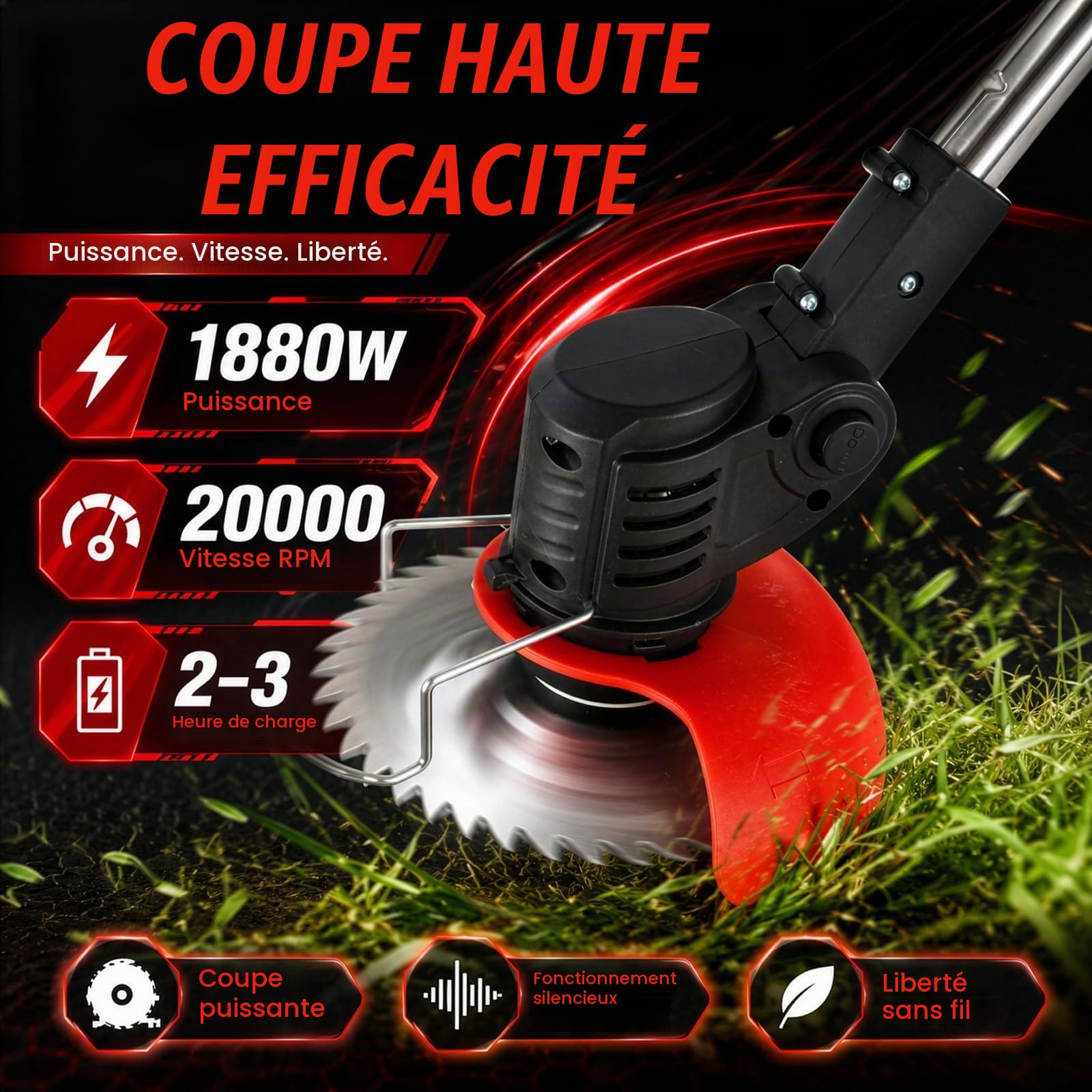 Coupe Bordure sans Fil avec Batterie, Debroussailleuse Electrique sans Fil avec 3 Types Lames, 2 Batteries 21V, Tête Pivotante 90°, Poignée Réglable, Rotofil Batterie pour Jardin et la pelouse