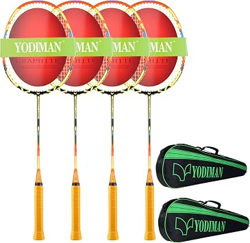4-Pack Graphite Badminton Rackets - Ultra-Lightweight with High Elasticity & Shock Absorption, Pre-Wrapped Grip, Includes 2 Large Badminton Bags