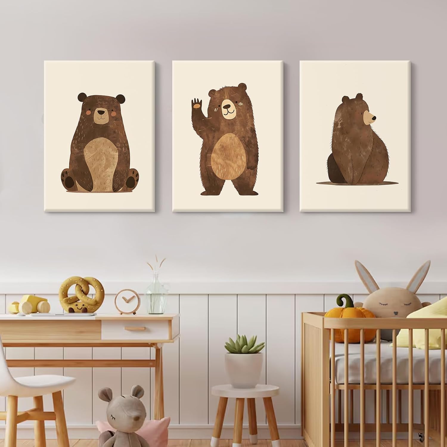 Nursery Wall Art Baby Canvas Pictures Bear Wall Decor Boys Room Prints Kids Poster Cute Animal Theme Pictures Woodland Bear Painting Neutral Children Artwork for Bedroom 12x16 Inch Ready to Hang