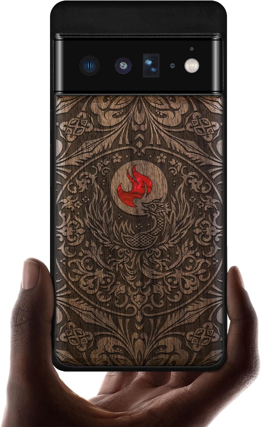 Carveit Designer Wooden Case for Google Pixel 6 Pro Case Cover [Wood Engraving & Shell Inlay] Compatible with Wireless Chargers Pixel 6 Pro (Phoenix in Symmetry-Rosy)