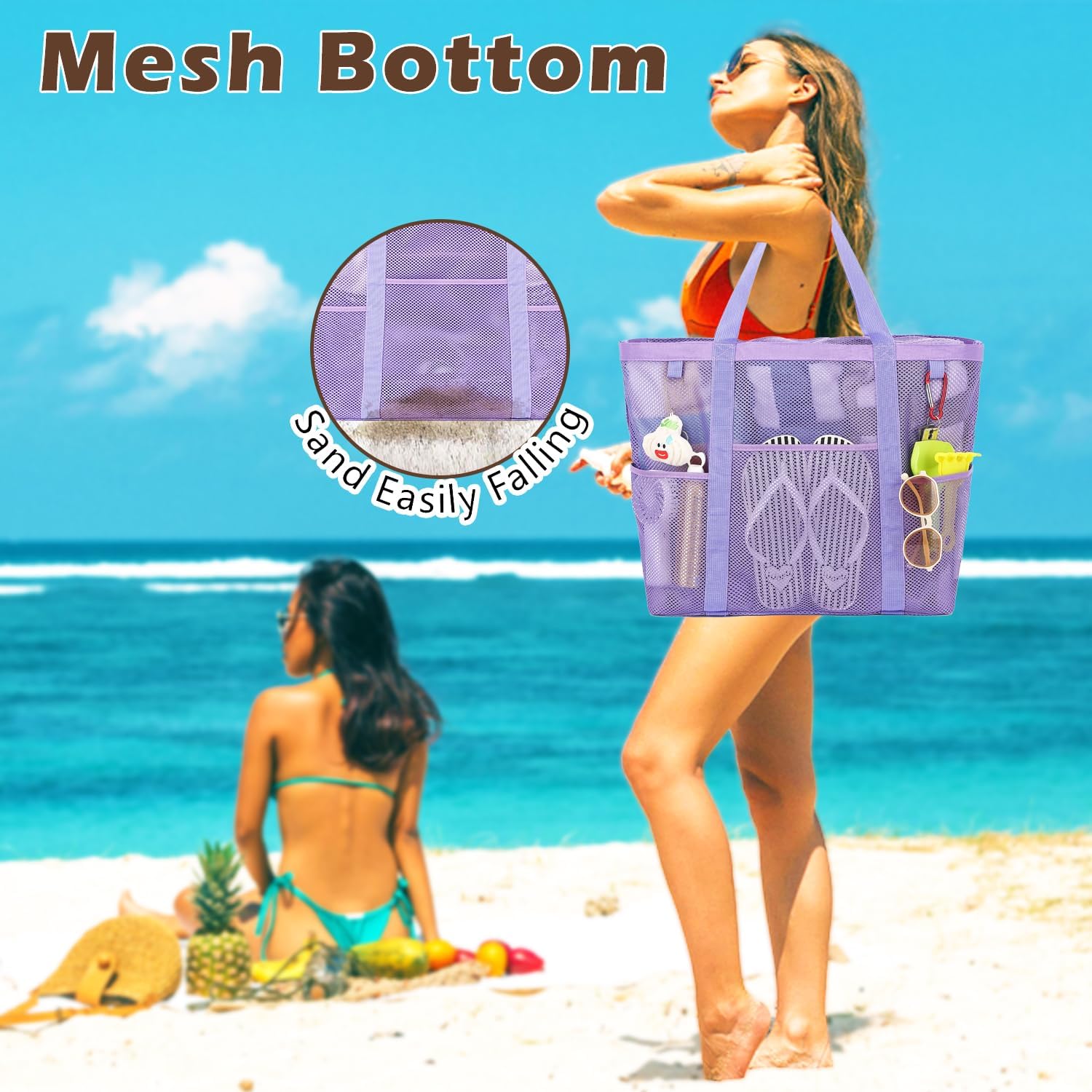 Fammart Mesh Beach Bag with Zipper for Women, Large Beach Tote Sandproof Toys Pool Swim Bag Travel Vacation Cruise Essentials