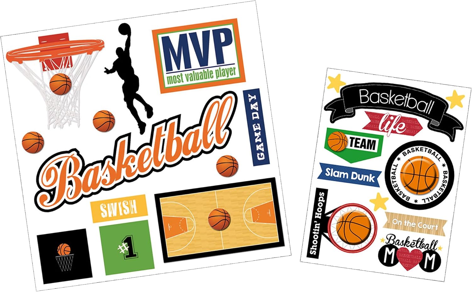 Basketball Scrapbook Stickers - Game Day Themed Embellishments for Scrapbooking, Planner, Album, Memory Book, Sports Theme Poster Board - 2 Items