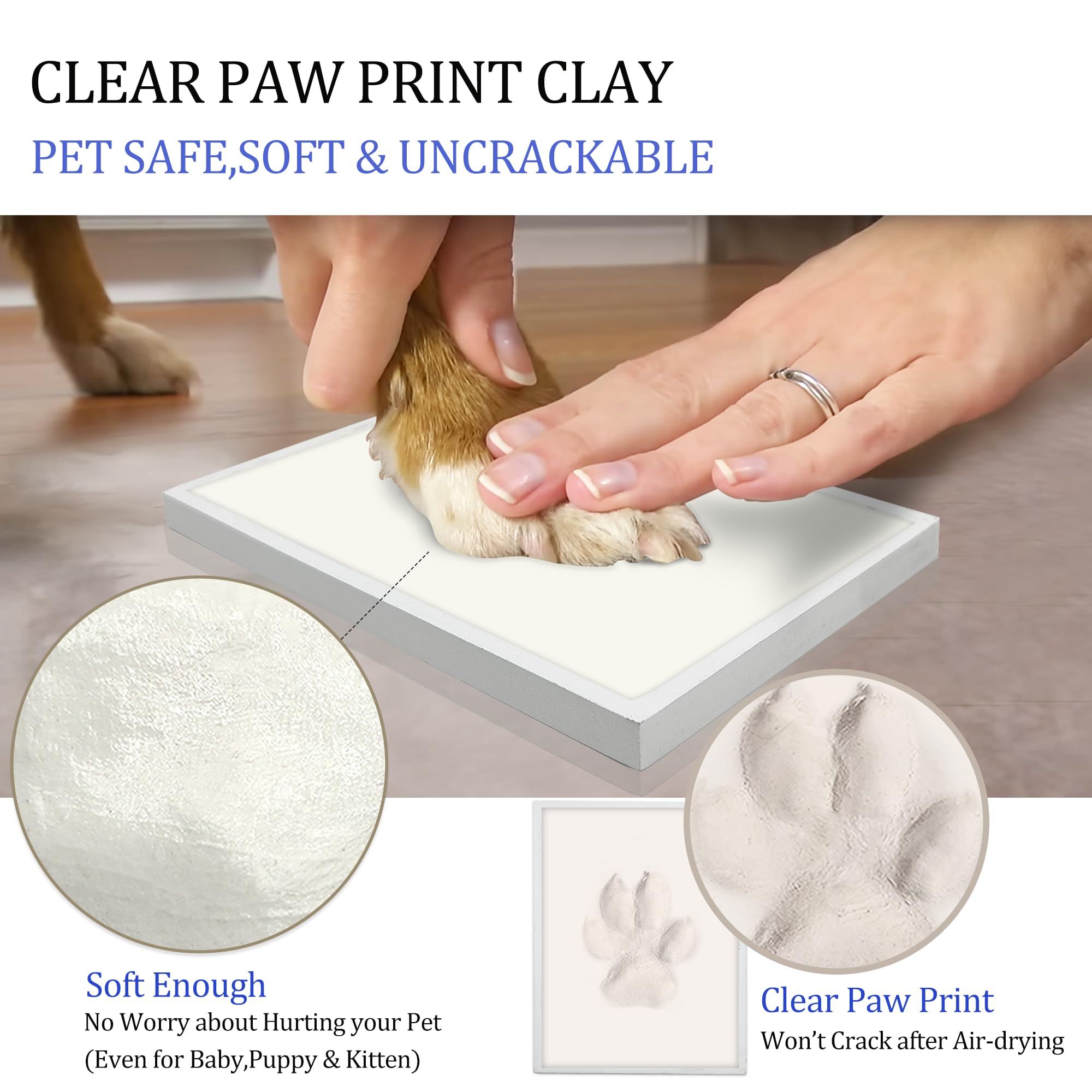MYPAWLETS Kit de impresión de huellas de perro o gato con baratijas, kit de impresión de huellas de mascotas con 2 arcillas, marco de fotos de madera para perro, tamaño grande, color blanco