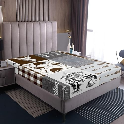 Miniatura 141 de Sábana bajera ajustable de oso de caza, juego de ropa de cama a cuadros de búfalo, sábanas de retazos de cabaña rústica para niños, niños, Multi