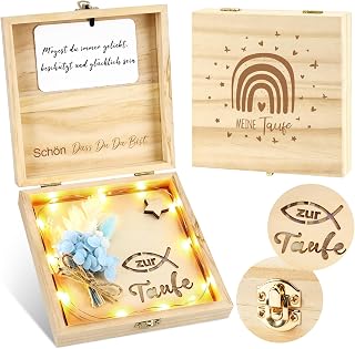 Taufgeschenke für Mädchen Jungen, Geldgeschenk Taufe Geschenk mit LED Lichterkette, Getrocknete Blumen, Holzbox, Kreative Geldgeschenke Verpackung zur Taufe