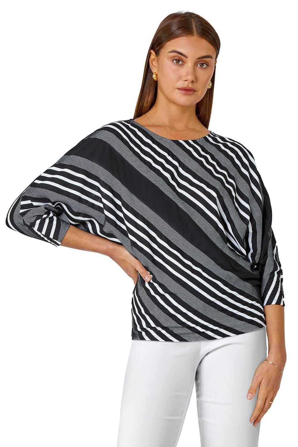 Roman Originals Women's Black Relaxed Stripe Print Stretch Top For Uk - Everyday Autumn Winter Round Neckline Comfy Soft Evening Vacation Work Party Night Out - Size 12