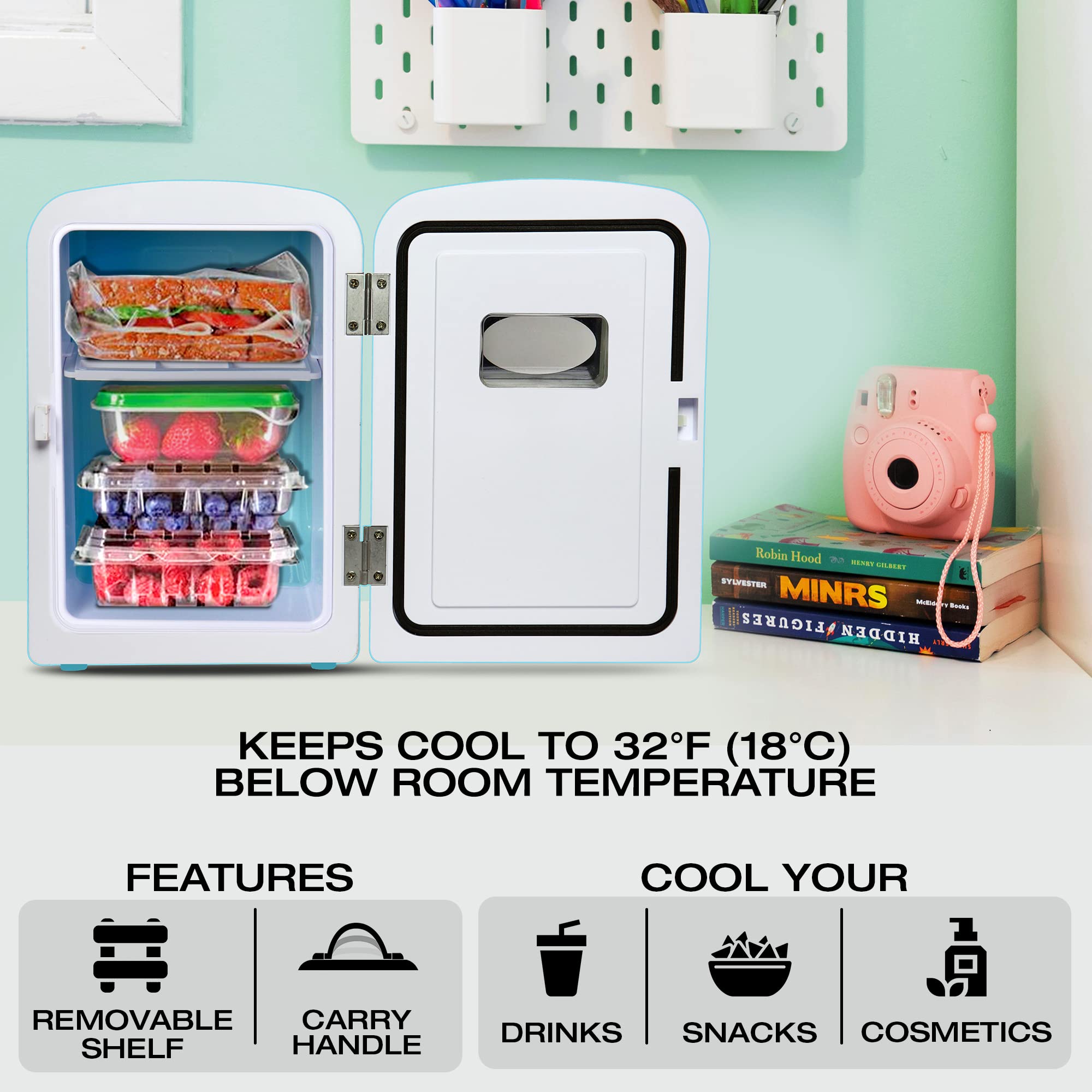 Koolatron Retro-Mini kÃhlschrank 4 Liter Kühlschrank für Schlafzimmer 6 Dosen kleiner Kühlschrank für Hautpflege,Lebensmittel,Getränke, Kosmetik,Kinder,Zuhause,Auto & Reisen,12 V DC Netzkabel,Aqua