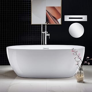 WOODBRIDGE 67" Acrylic Freestanding Bathtub Contemporary Soaking White Tub with Chrome Overflow and Drain，B0028 -C-Drain &O