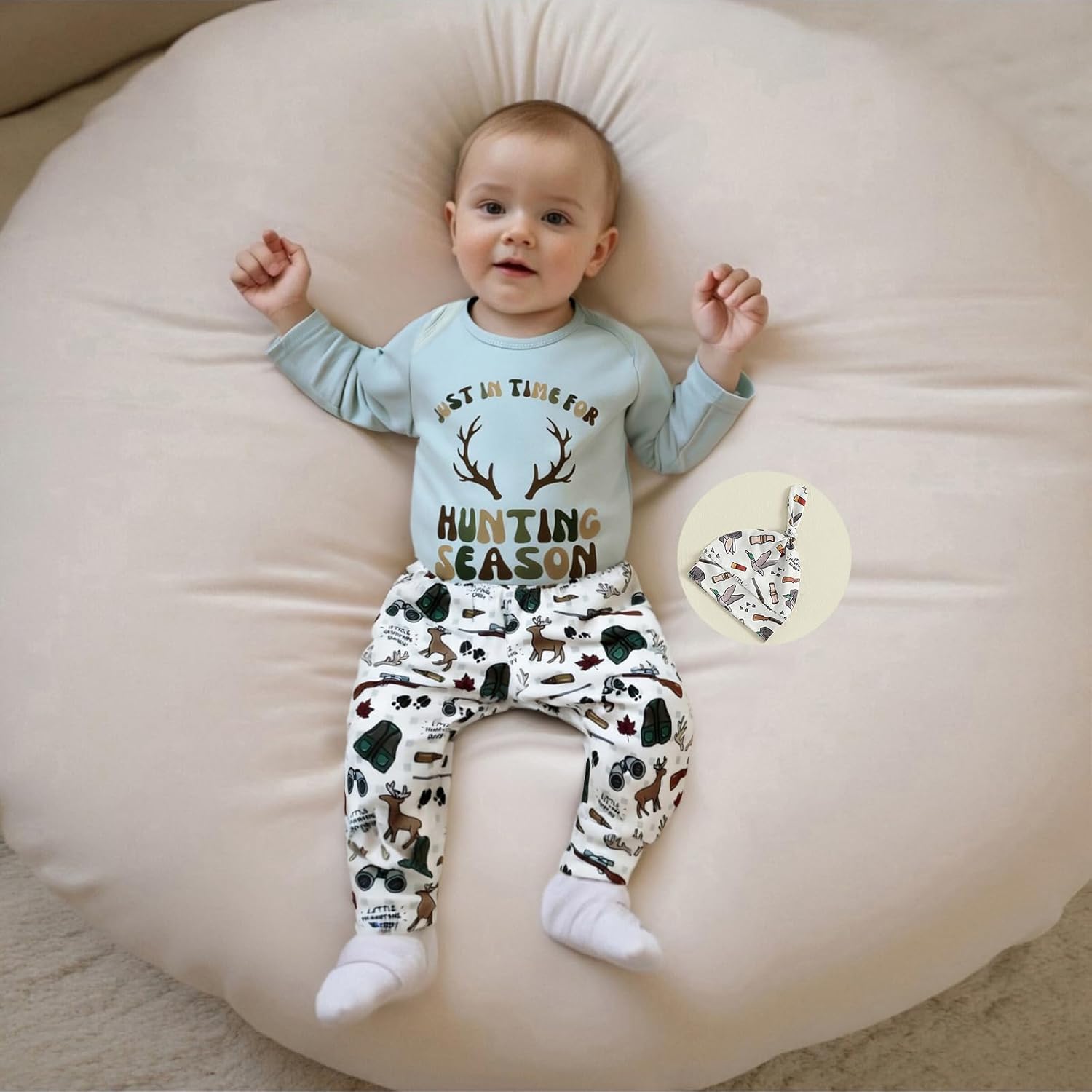 Seyurigaoka Newborn Baby Boy Hunting Outfit Deer Mallard Duck Romper Camo Pants Set Hat 3 Piece Fall Winter Farm Clothes - Image 2