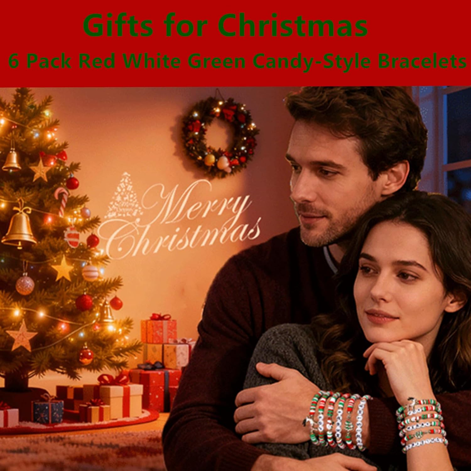 Go Ho 6 Pack Christmas Bracelets for Women: Red White Green Candy-Style Stackable Bracelets Set with Joy & Merry Charms,Christmas Decorations Accessories Shirts Outfits - Gifts for Teens Girls