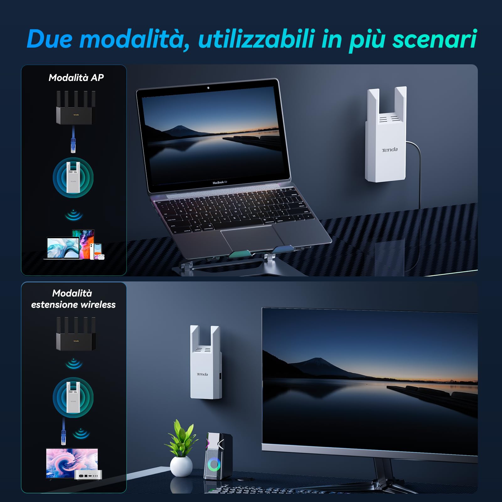 Tenda A18 Pro Ripetitore Wi-Fi Dual Band AC1200 Mbps, Funzionalità Extender e Access Point 5GHz/2.4GHz con Porta Gigabit LAN, LED Segnale Intelligente, Pulsante WPS, Sicurezza WPA2, Controllo via App