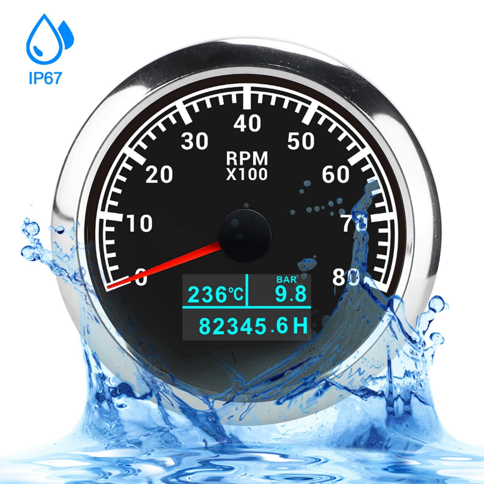 Tachymètre 3 en 1 pour température de l'eau, pression d'huile et compteur horaire pour voiture, camion, bateau, affichage pointeur IP67 avec cadran blanc et moteur pas à pas haute (Cadran noir)