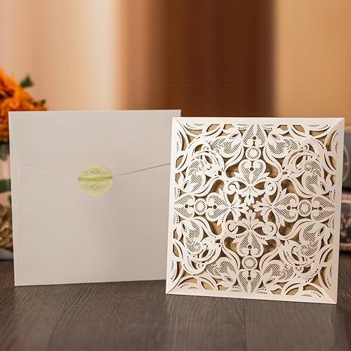 Miniatura 4 de Hosmsua 6.3 x 6.3 pulgadas, 50 tarjetas de invitación de boda personalizadas de marfil con sobres, corte láser, invitación de encaje hueco para