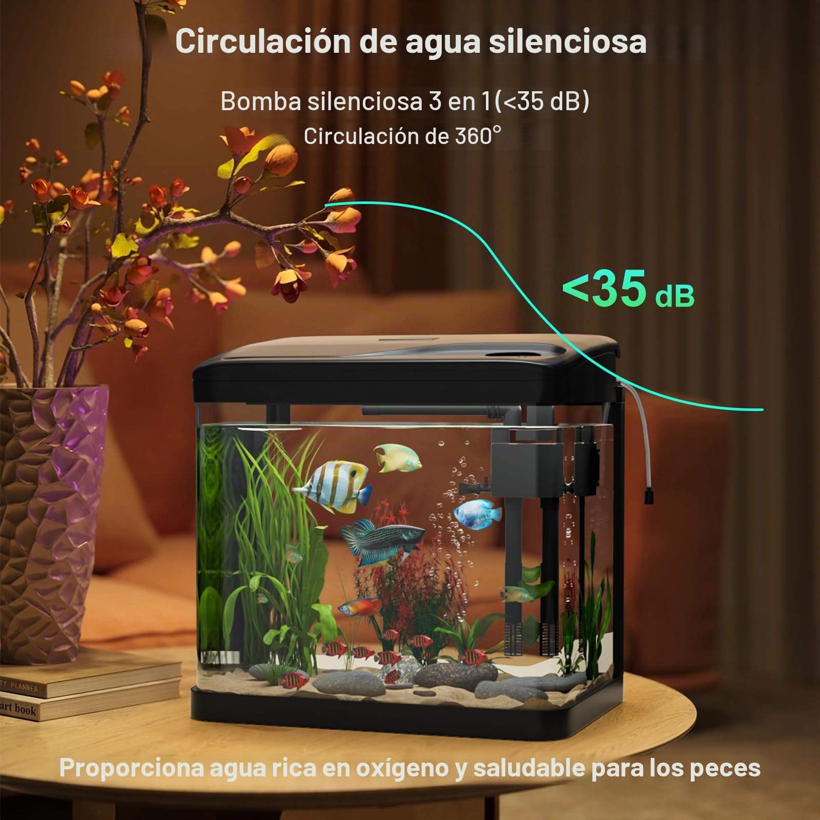 Acuario de Cristal, GuKKK Acuarios y Peceras Completas,Pecera con Sistema de Filtrado Integrado e Iluminación LED,Bajo Ruido y Silencioso,Acuarios de Iniciación, Negro (15L-2)