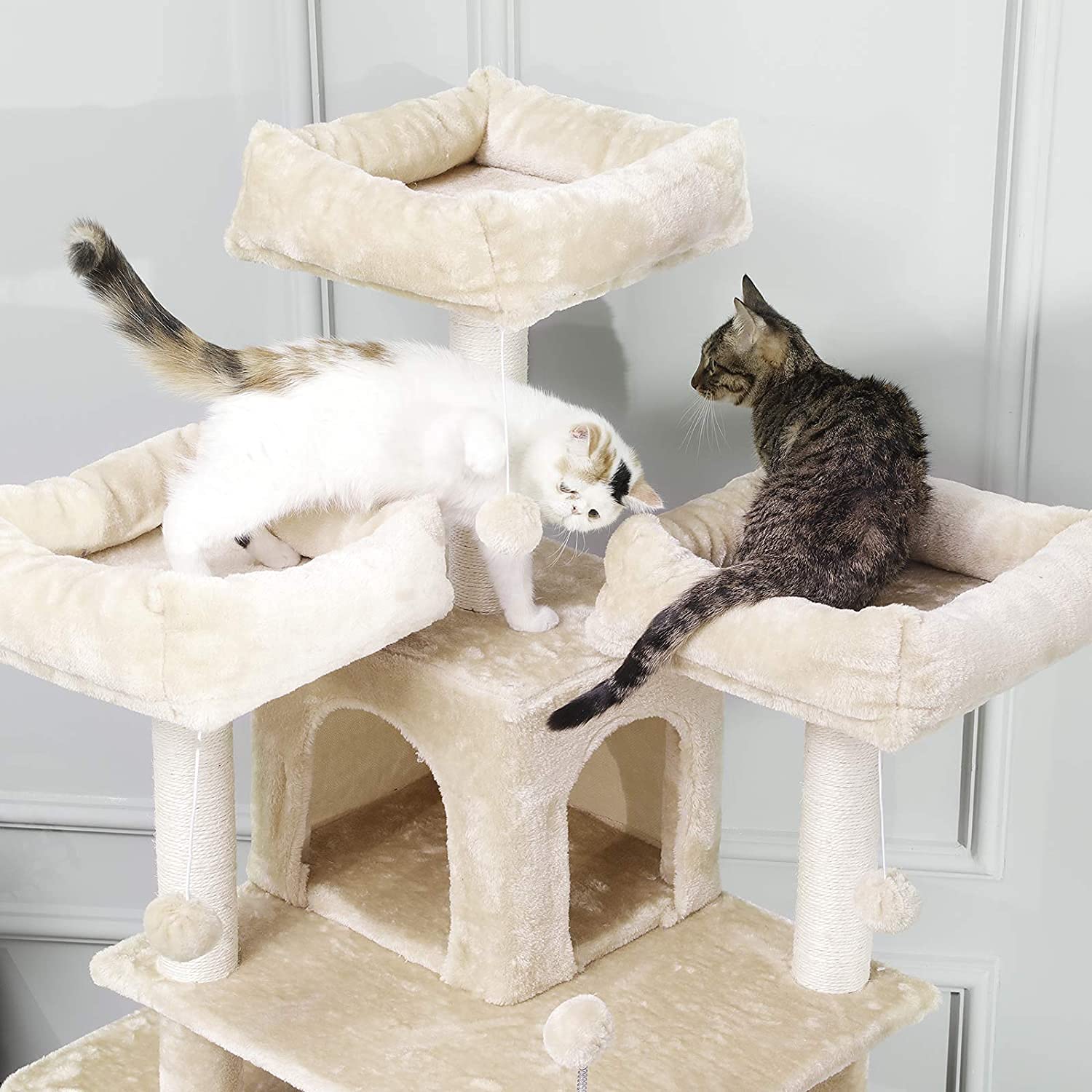 MSmask, Tiragraffi grande, in formato XXL, 175 cm, stabile, con 3 grandi piattaforme di osservazione, per gatti di grandi dimensioni, elementi tiragraffi in sisal (beige)