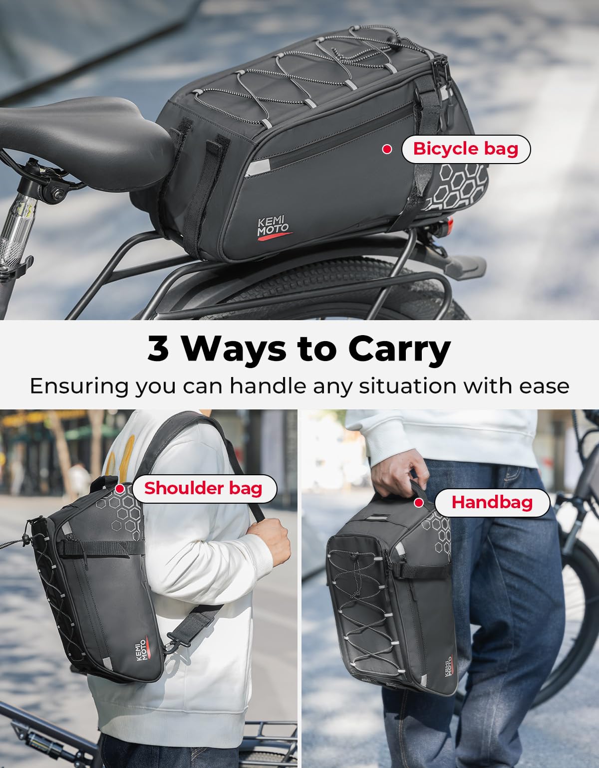 KEMIMOTO 17L Borsa Posteriore Bici 3 in 1, 11L Borse per Bici Impermeabile con 8L Isolante Rimovibile, Borsa per Bicicletta Posteriori Multifunzionale con Tracolla e Maniglia