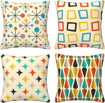 Mid Century Retro Pattern Throw Pillow Covers 18x18 Inch Set of 4