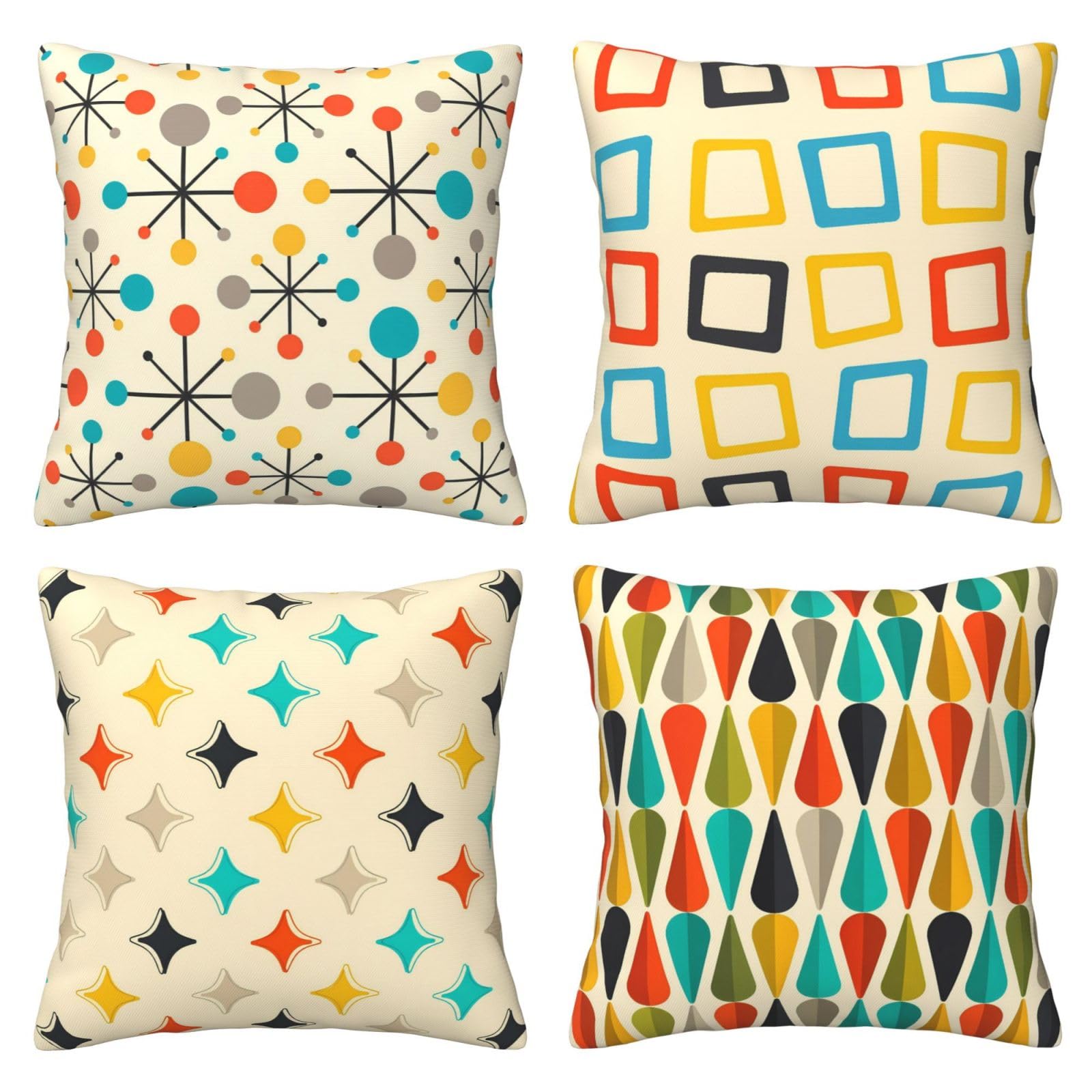 Mid Century Retro Pattern Throw Pillow Covers 18x18 Inch Set of 4