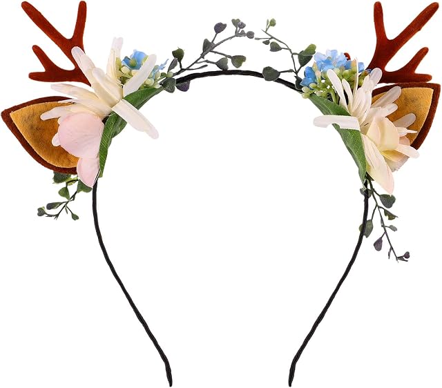 Minkissy Christmas Antler Headband Reindeer Ear Hair Hoop Christmas Floral Hairband Xmas Party Head Piece for Women Girls(Pattern 2)