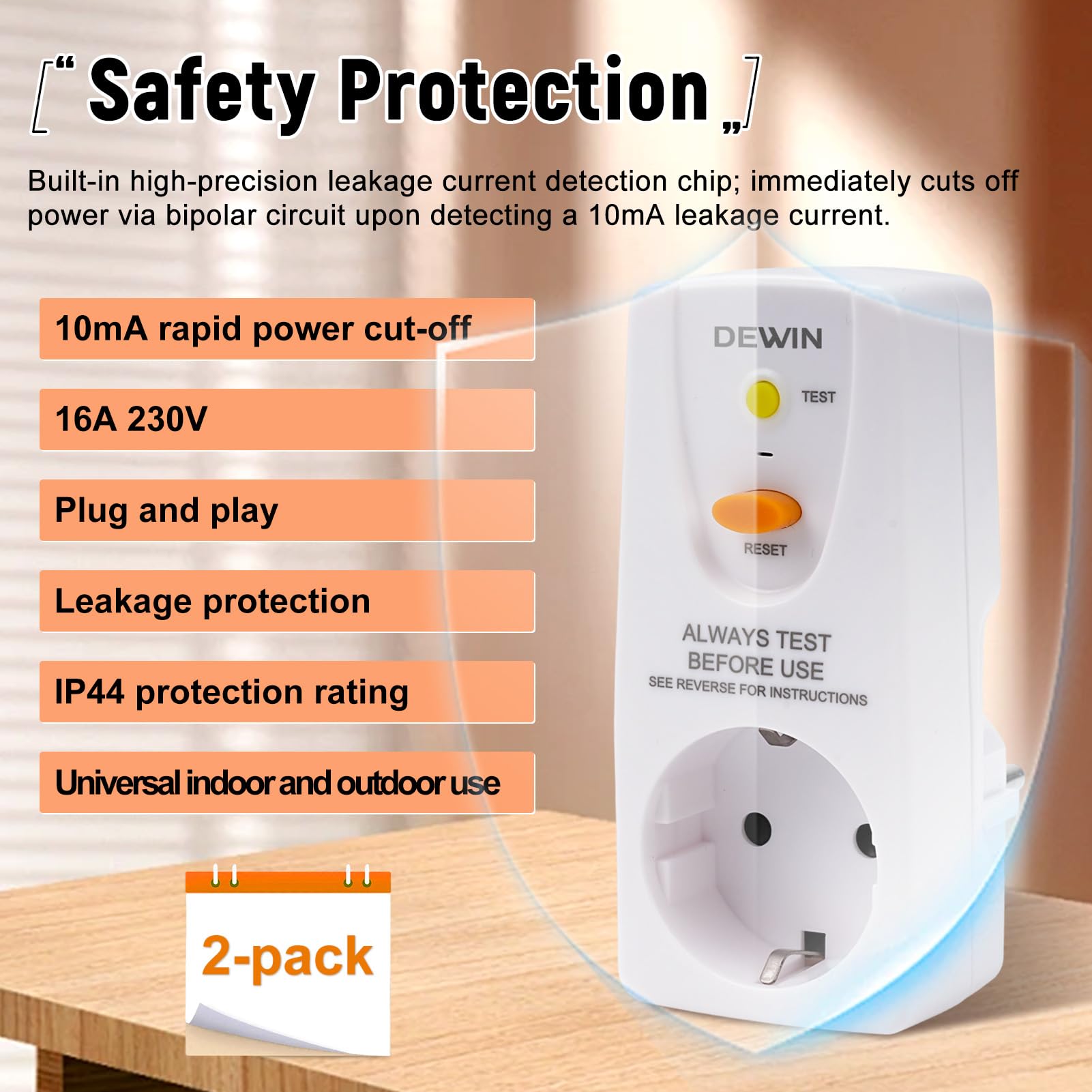 FI Prise de Disjoncteur 10mA, 16A 230V Prise de Protection Différentielle Prise de Sécurité GFCI, Coupure Rapide 10 mA, Prise de Disjoncteur Différentiel de Sécurité Domestique (Lot de 2)