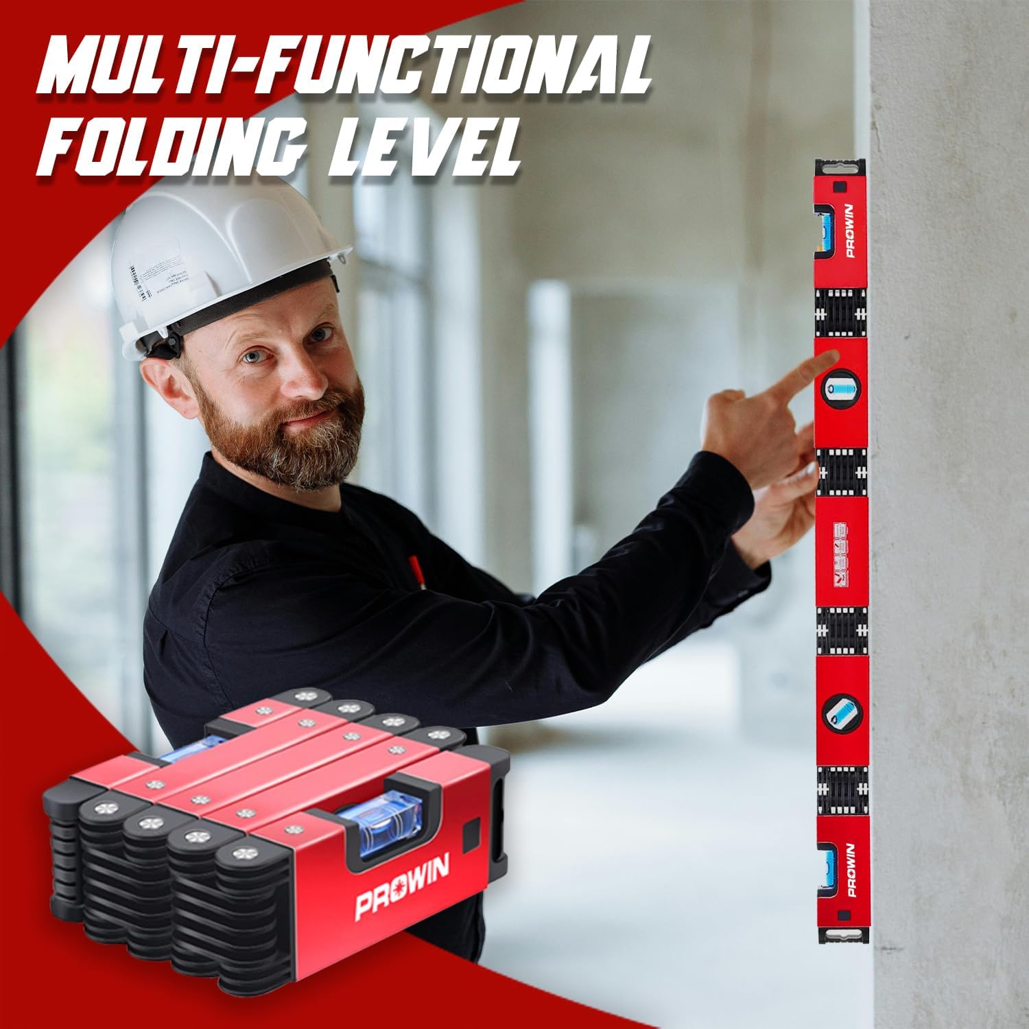 Prowin 28-Inch Multi-Function Foldable Level Tool, Magnetic Foldable Ruler with 45°/90°/180° Vials, Compact and Precise Angle Measuring Tool for Woodworking, Construction, DIY Projects Gifts for Men