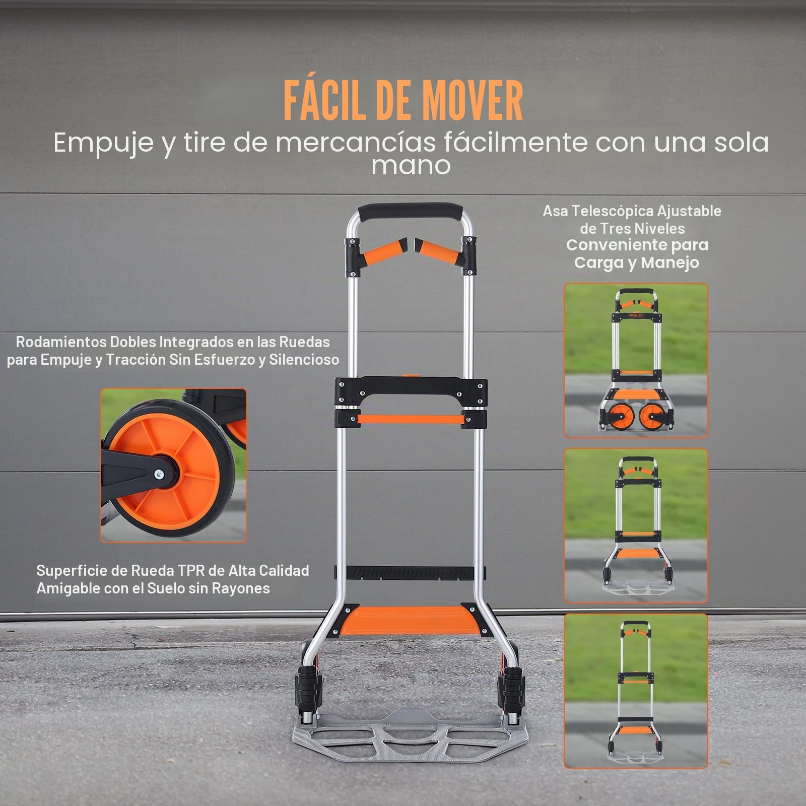 VEVOR Carretilla de Mano Plegable de Aluminio Carga de 140 kg Carro de Mano de Alta Resistencia con Ruedas de Goma Mango Telescópico para Transporte Doméstico, Mercancías de Almacén Supermercado