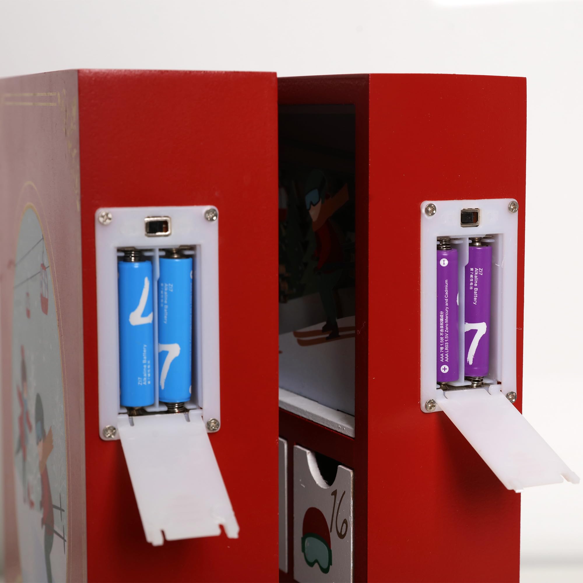 Weihnachts-Adventskalenderbuch aus Holz mit LED-Beleuchtung, rote Farbe, Weihnachts-Szenen, Countdown, Urlaubsgeschenke mit 24 Schubladen, für Erwachsene und Kinder, Heimdekoration
