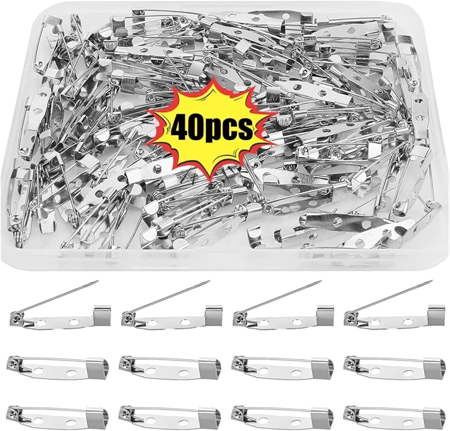 Brooch Base, 40Pcs Metal Brooch Pins Base Lock Back Holder for Jewelry Making DIY(Length 25 mm)