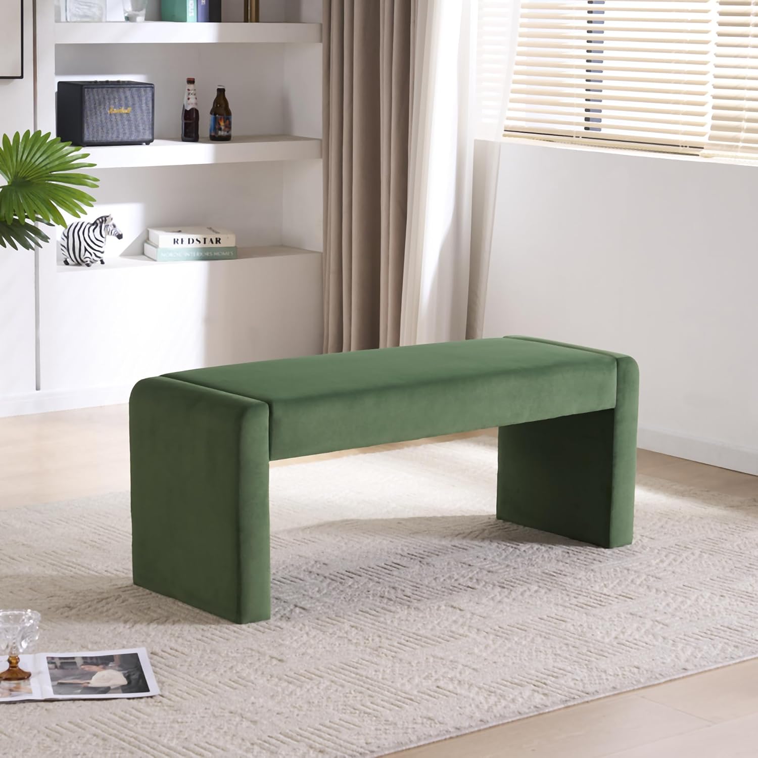Velvet Entryway Bench End of Bed Bench Upholstered Modern Window Bench Comfy Ottoman for Dining Room/Bedroom/Living Room/Hallway/Indoor (Olive Green)